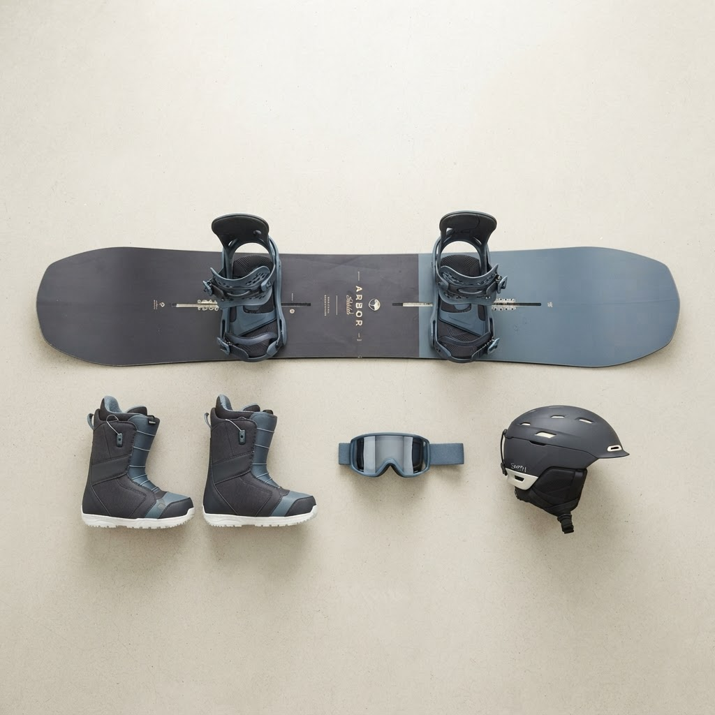 A complete snowboard setup laid out: board, bindings, boots, goggles and helmet